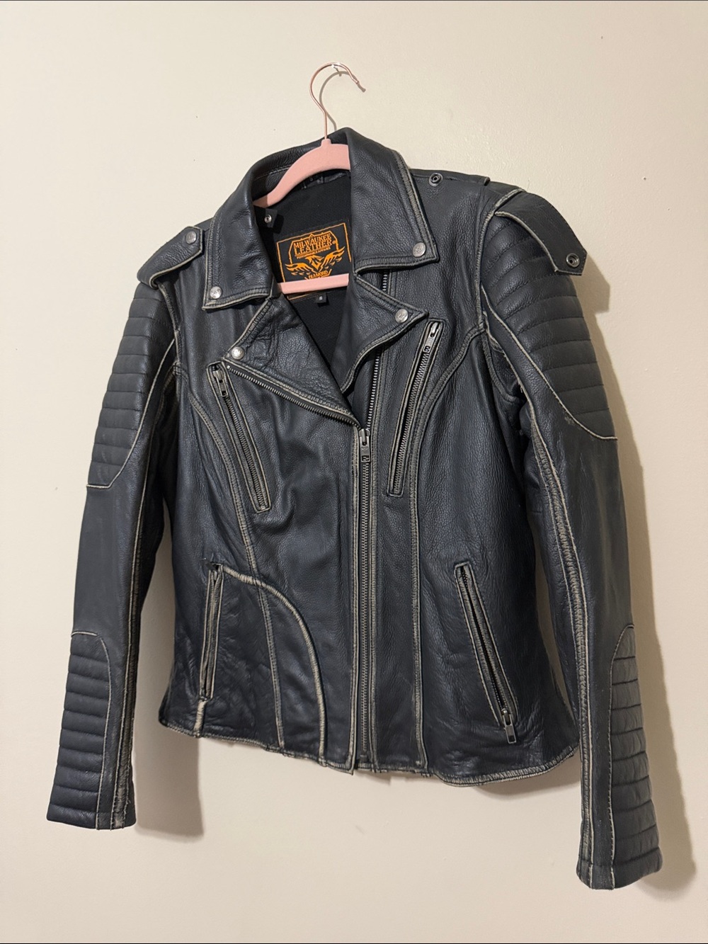 Black Leather Biker Jacket with Quilted Shoulders - Unbranded